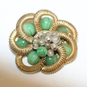 Vintage Signed Weiss Green Glass Bead Round Brooch Pin